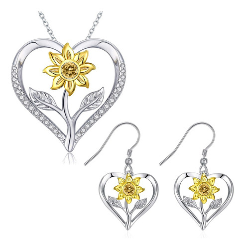 Girasol Set Collar Dije Juego Aretes Mujer Corazon Regalo