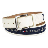 Cinturón Para Hombre Tommy Hilfiger F4567 De Cuero Blanco Con Hebilla Color Dorado Y Diseño De La Hebilla Cuadrada Talle 32