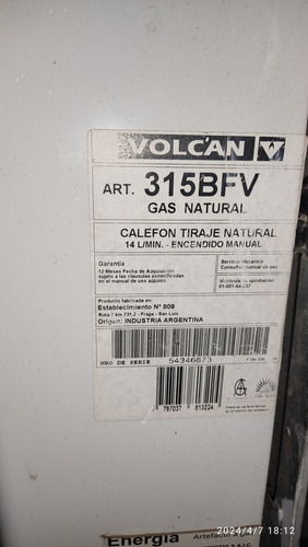 Calefon Volcan A Gas Natural 14 Lts