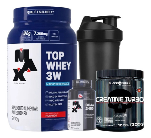 Kit Whey Protein Top Whey 3w 900g + Bcaa + Creatina + Shaker