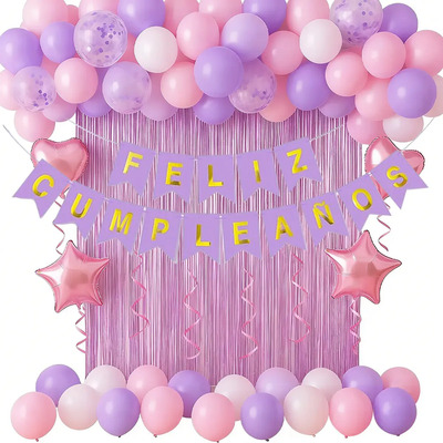 Globos de Cumpleaños,50pcs Decoracion Fiesta de Pared con Cortina Metálica,Banner Happy Birthday,Globos Rosa,Blanco y Morado,Decoración de Cumpleaños Ideal para Niños,Mujer,Fiesta | MercadoLibre
