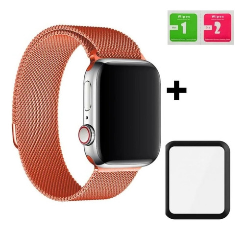 Pulseira Metal + Película P/ Smartwatch Serie 1-7 41/45mm Cor Laranja Largura 45 Mm