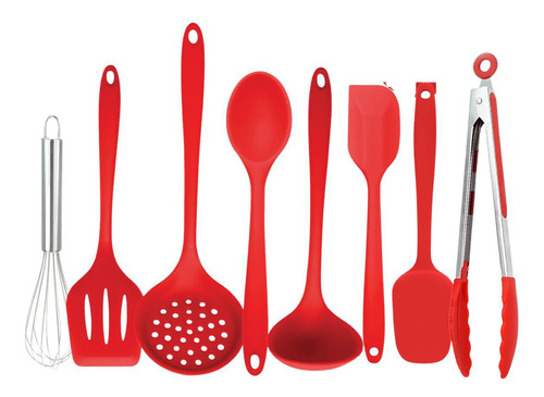 Kit Utensilios De Cozinha De Silicone Vermelho Cabo Inox K4b