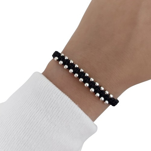 Pulsera Macrame Negra Bolitas Plata 925