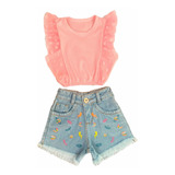 Conjunto Infantil Blogueirinha Cropped Short Jeans Moda Luxo