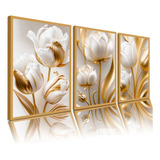 Quadro Decorativo 80x60 Flor Tulipa Branca Dourada Sala Hall