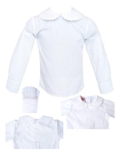 Blusa Blanca Escolar Para Niña Dos Cuellos Manga Larga