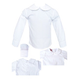 Blusa Blanca Escolar Para Niña Dos Cuellos Manga Larga