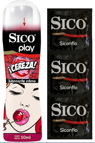 Lubricante Sico Cereza 50 Ml Más 3 Condones Sico Sensitive