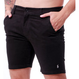 Bermuda Sarja Slim Shorts Chino Elastano Masculina Preta