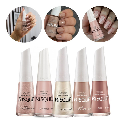 Kit 5 Esmaltes Risque Nude Cores Clássicas Hipoalergênico