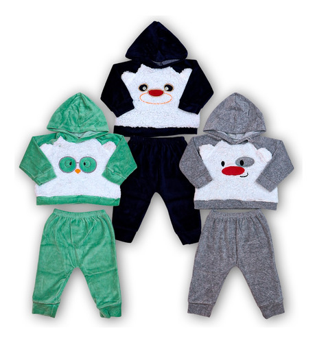 Kit 3 Conjunto Bebê Plush Bordado Roupa Infantil Blusa Calça