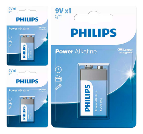 3 Baterias Alcalinas 9v Philips
