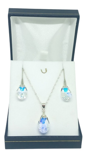 Collar De Plata Mujer Y Aros Cristal Swarovski Gota Crystal