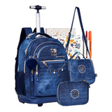 Kit Mochila Rodinhas Jeans Rb Lancheira Estojo Caderno 