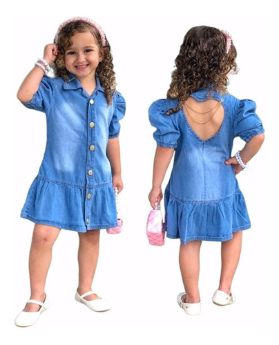 Vestido Infantil Jeans Blogueirinha Costas Coração Princesa