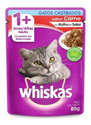 Alimento Whiskas Premium Castrados 1+ Para Gato Adulto Sabor Carne Em Saco De 85g