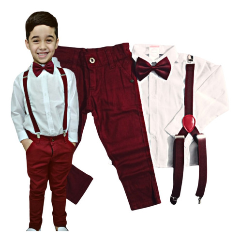 Calça Camisa Social Gravata Suspensório Kit Pajem Infantil