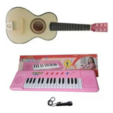 Kit Piano Teclado Rosa Musical + Mini Violão Infantil