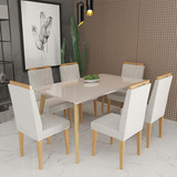 Conjunto De Mesa 160x90 Veneza Com Vidro E 6 Cadeiras Onix Cor Off White/bege Claro