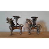 Antiguo Par Candelabros Perros Foo En Bronce 9,50 Cm De Alt