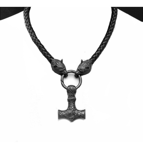 Colgante De Thor's Hammer Mjolnir Con Cabezas De Lobo