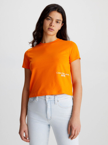 Camiseta Cropped Con Logo Naranja Calvin Klein