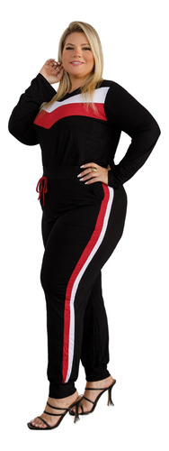 Conjunto Feminino Plus Size Blusa Calça Listra Jogger G2 G3