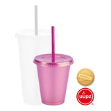 70 Vasos Reusables Con Popote Para Bebida Fría Mini 16 Oz Color Rosa Metalico