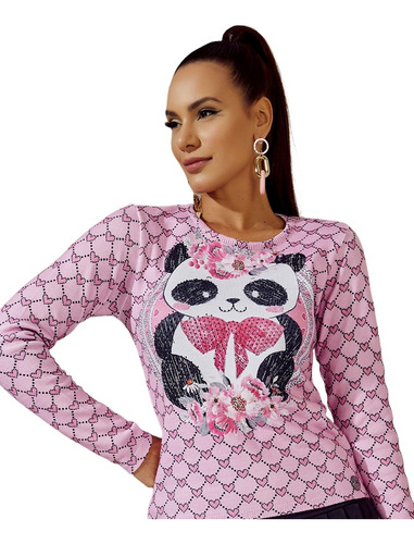 Blusa Rosa Trico Estampa Panda Com Termo Perfect Way Tam Gg