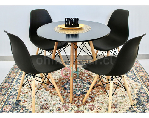 Comedor Redondo Negro 80cm + 4 Sillas Eames Clásicas Negro