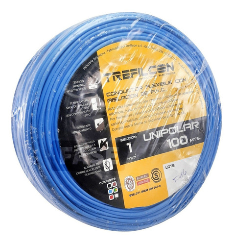 Cable 1mm Unipolar 100mts Trefilcon Celeste Iram Normalizado