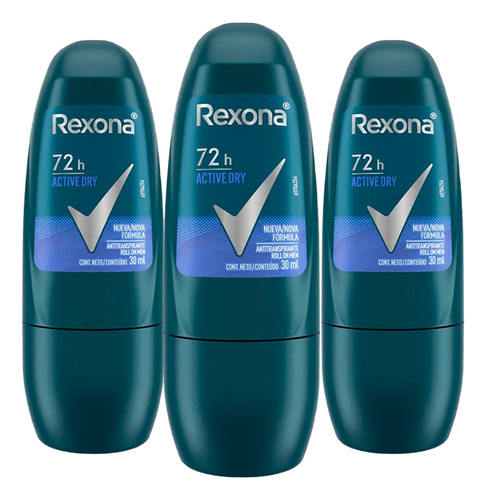 Kit 3 Desodorante Roll On Rexona Active Dry 72h Men 30ml