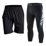 Leggins Compresion Y Pantalones Cortos Gym Hombre 2 Piezas