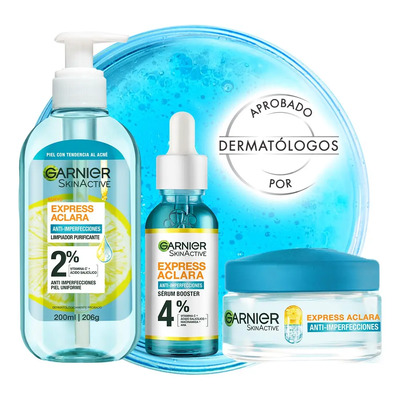 Kit Anti Imperfecciones Express Aclara Garnier: Limpiador Facial + Sérum Facial + Crema Hidratante Matificante | Envío gratis