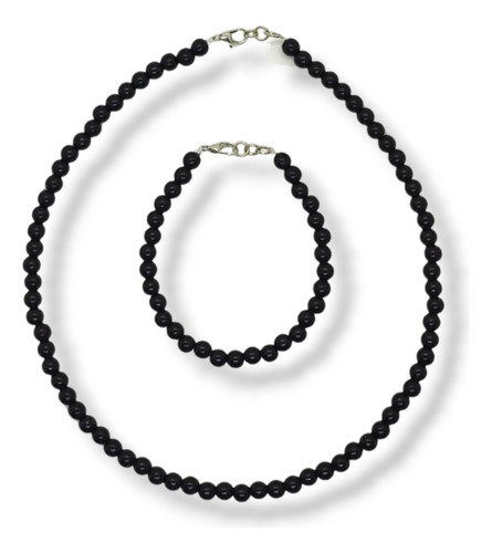 Conjunto Collar Pulsera Perlas Negras 6mm Hombre Mujer