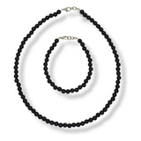 Conjunto Collar Pulsera Perlas Negras 6mm Hombre Mujer