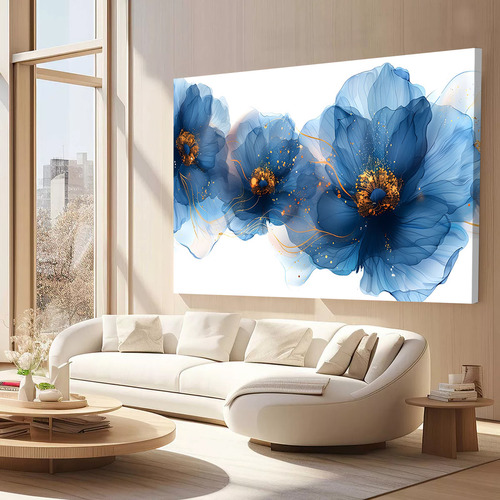 Quadro Abstrato Três Flores Azul Sala Moderno 100x180cm