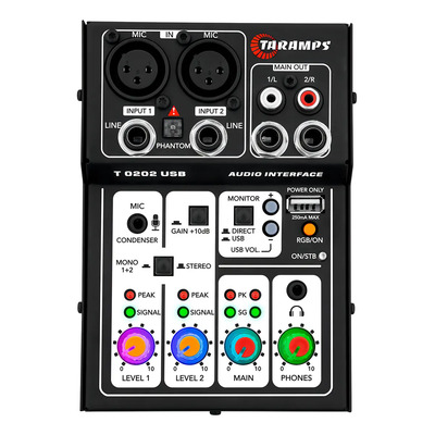 Mesa De Som Interface De Audio Stereo Usb Taramps T0202 Preta Led Rgb Gamer Streaming Podcasts Live Gravação Studio Computador Pc Notebook Placa De Som Alinhamento Phantom Power 48v Rca Xlr P2 P10 | Parcelamento sem juros