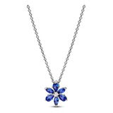 Collar Cadena Pandora Flor Azul Brillante Plata Original