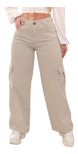 Calça Cargo Bege Sarja Wide Leg Pantalona Simples