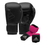 Kit Boxe Muay Thai adidas H80 Black Luva + Bandagem Pink