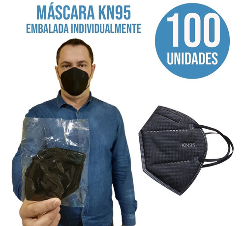Kit 100 Und Máscara Kn95 Embalada Individualmente Cor Preta