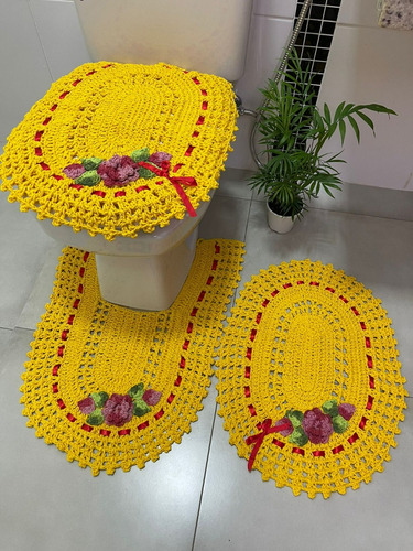 Jogo De Tapete Crochê Colorido Banheiro 3 Peças Promoção