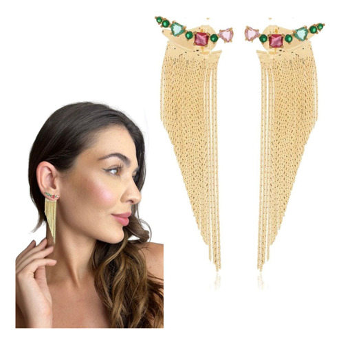 Brinco Ear Cuff Ear Jacket Franja Longo Semijoias Cristal