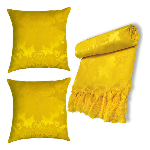 Manta Xale Jacquard Sofá 1,40 X 1,80 + 2 Almofadas Cheias Cor 151 Amarelo Desenho Jacquard Medalhão