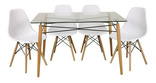 Juego De Comedor Mesa Rectangular Vidrio + 4 Sillas Eames Dsw - 140x80