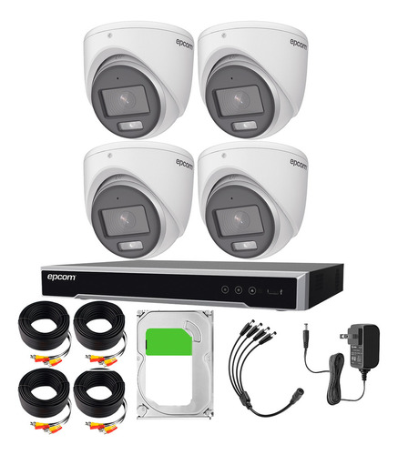 Epcom Kit De 4 Camaras De Seguridad Metalicas Con Microfono Turret 3k Imagen A Color 24/7 Para Uso Exterior + Dvr 4ch Turbohd Con Detección De Movimiento Y Salida De Alarma +2tb Hdd