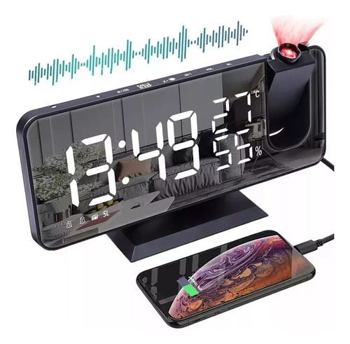 Reloj Despertador Led Con Radio, Proyector Y Pantalla Grande Color Negro
