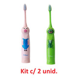 Kit 2 Un Escova Dental Elétrica Kids 1 Rosa+1 Verde Techline